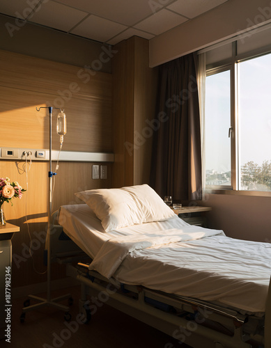 Sunlit hospital room with empty bed and medical equipment