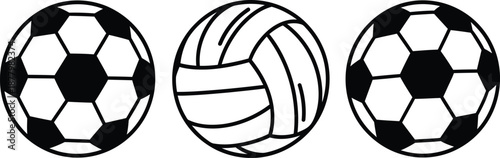 Dynamic black and white vector icons featuring a classic soccer ball and a traditional volleyball, perfect for sports design projects and athletic themes