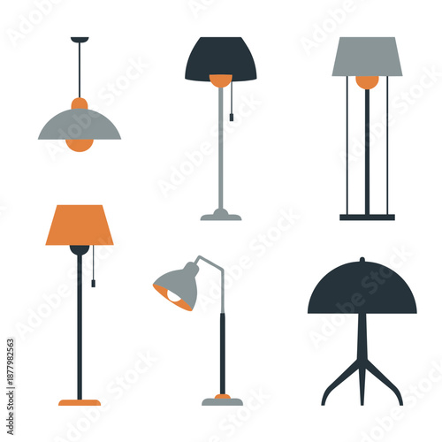 Collection of modern and vintage lamp icons, interior lighting design elements for home decor, floor lamps and pendant light fixtures isolated on white