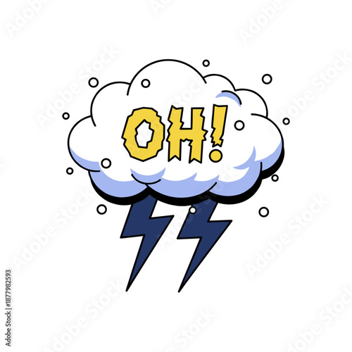 Comic book style speech bubble with lightning bolts and OH text, pop art explosion cloud with snow particles on white background vector design