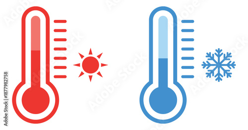 Hot and cold thermometers, illustrating temperature extremes, clean vector graphics for weather icons, climate apps, science education, and digital illustration projects.