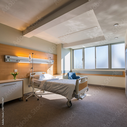 Modern hospital room with single bed and natural lighting