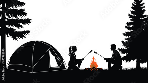 Silhouette couple camping by campfire roasting marshmallows near tent in forest at night, outdoor adventure, romantic travel, nature leisure illustration