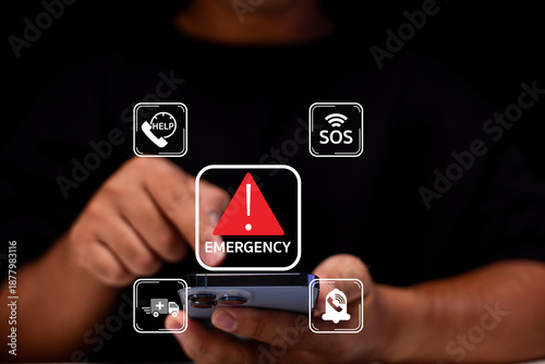 Картината върху платно A hand holding a smartphone displays emergency icons, emphasizing the importance of quick communication in crises