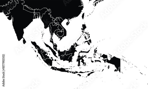 Monochrome Outline Map Highlighting Southeast Asian Countries and Surrounding Regions