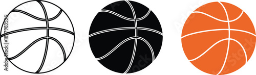 Basketball ball illustration set in outline, black, and orange styles, ideal for sports design, athletics branding, training graphics, and recreation concepts