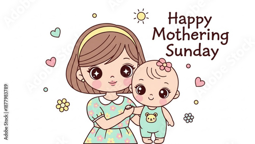 Mother Hugging Baby on Mothering Sunday, Cartoon Illustration
