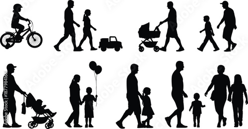 Family silhouettes set showing parents and children walking, playing, cycling and pushing stroller, daily life activities, parenting, childhood moments illustration