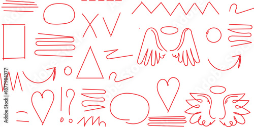 collection of various red, hand-drawn shapes and symbols minimalist
