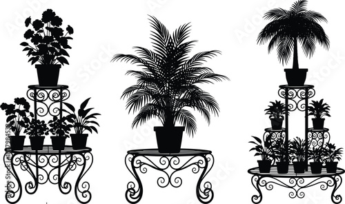 PrintBlack silhouettes set of various indoor potted plants and palm trees on decorative wrought iron stands isolated on white background for interior garden design