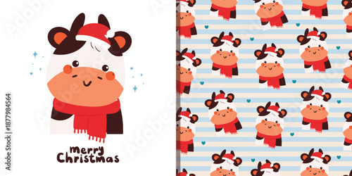 cute cartoon cow pattern and card wearing red scarf and santa hat for christmas card and wallpaper
