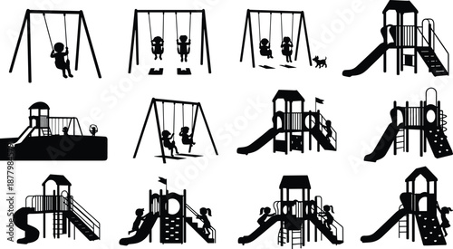 PrintCollection Of Children Playing On Playground Equipment Silhouette Vector Illustration Set With Kids On Swings And Slides For Park Recreation And School Design Projects