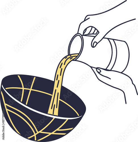 Hand pouring liquid into a decorative bowl with yellow lines