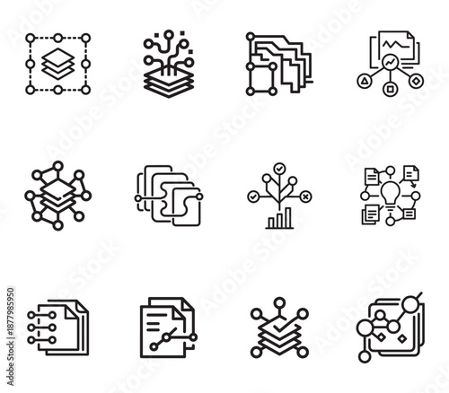 A collection of icons representing data processing, machine learning, and network concepts