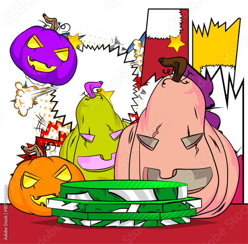 Comic Book Product podium stage for mockup presentation with Jack-O-Lantern, Halloween Pumpkin. Retro comics background.