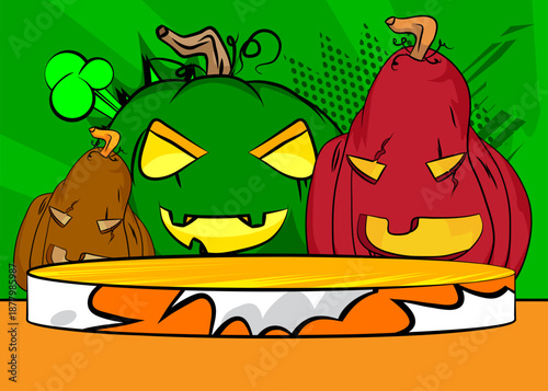 Comic Book Product podium stage for mockup presentation with Jack-O-Lantern, Halloween Pumpkin. Retro comics background.