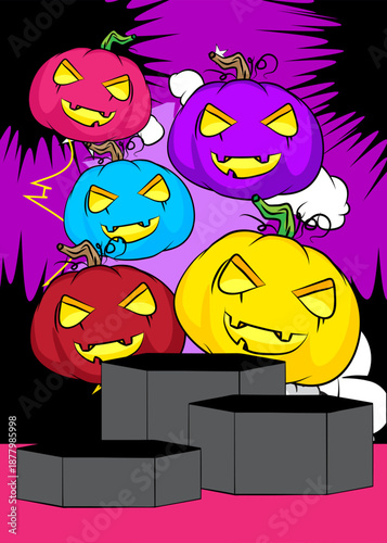 Comic Book Product podium stage for mockup presentation with Jack-O-Lantern, Halloween Pumpkin. Retro comics background.