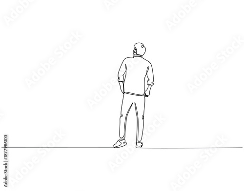 Continuous one line drawing of businessman from rear view. One line drawing illustration of businessman looking back. On target concept single line. Editable outline