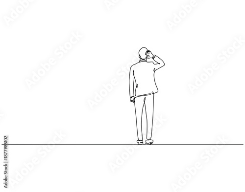 Continuous one line drawing of businessman from rear view. One line drawing illustration of businessman looking back. On target concept single line. Editable outline