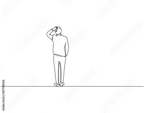 Continuous one line drawing of businessman from rear view. One line drawing illustration of businessman looking back. On target concept single line. Editable outline