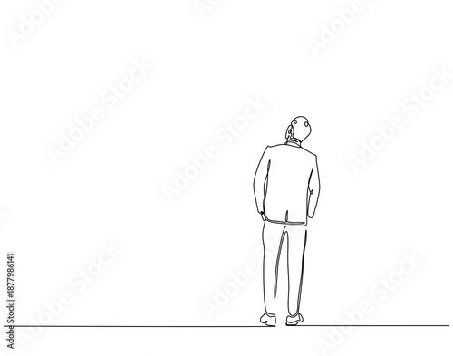 Continuous one line drawing of businessman from rear view. One line drawing illustration of businessman looking back. On target concept single line. Editable outline