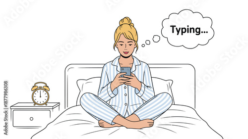 Woman in Blue Striped Pajamas Typing on Phone in Bed