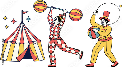 Vibrant circus performers entertaining at colorful big top tent