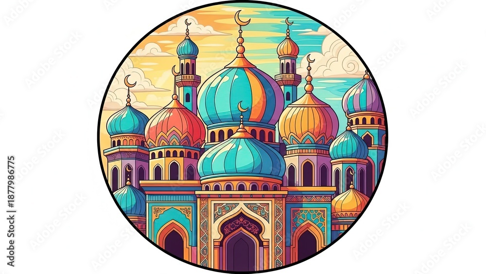 Obraz premium Illustrated mosque with multiple domes isolated on white background