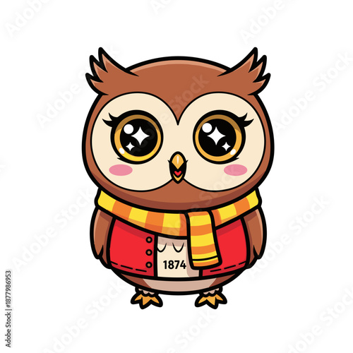 Cute cartoon owl vector illustration wearing scarf and jacket on white background