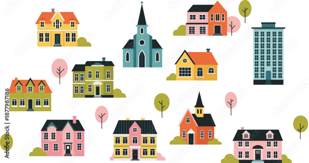 Obraz premium Colorful Town Buildings Vector Illustration Set Featuring Houses, Church, Apartments, and Urban Architecture for Cityscape, Real Estate, Map, and Neighborhood Design Projects