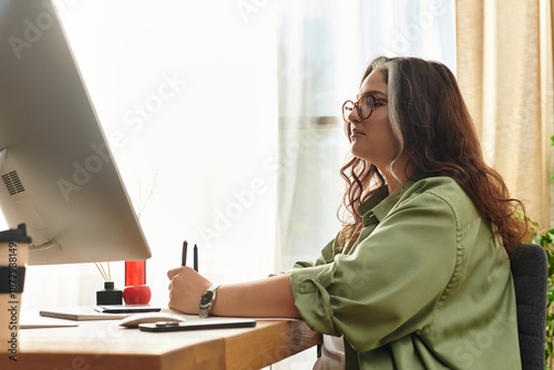 Konstfotografi A woman with a white forelock is engaged in creative work at her modern home