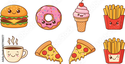Cute Kawaii Food Illustration Set Featuring Burger, Donut, Ice Cream, Pizza, Fries, Coffee, and Adorable Cartoon Snack Elements