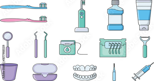 Dental Care Illustration Set Featuring Toothbrushes, Mouthwash, Toothpaste, Floss, Tools, Retainers, and Essential Oral Hygiene Items