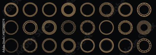 Ornamental circular frames set with luxury decorative patterns, elegant golden rings for labels, badges, and premium design projects, vector illustration