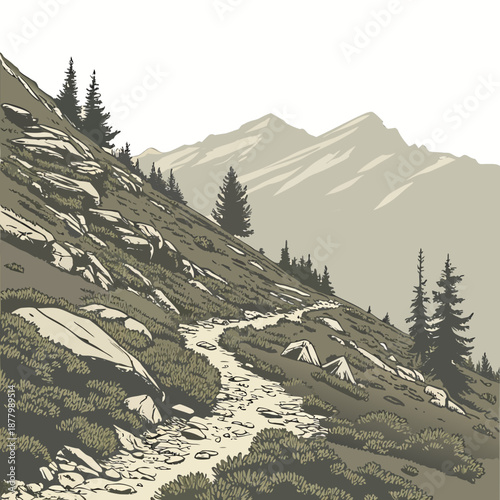 Alpine ridge with gentle slope and rocky trail mountain