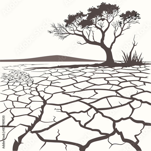 Desert land with cracked clay patterns and tree cracked earth
