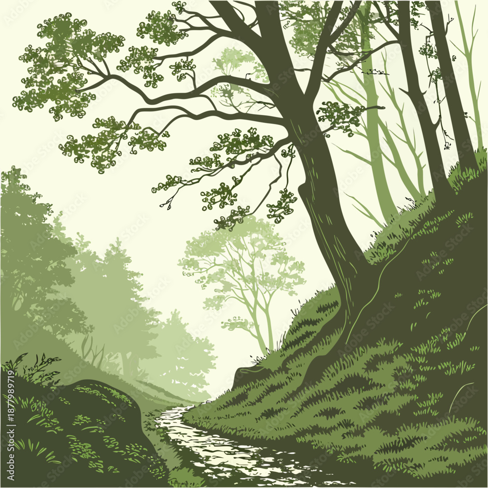 Fototapeta premium Forest valley with depth fade atmosphere realistic