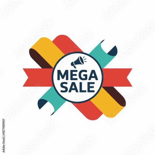 Vibrant mega sale announcement banner with colorful ribbons and megaphone icon