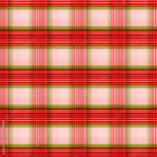 Festive seamless plaid background with crisscrossing lines in deep red and olive green, creating a classic tartan textile pattern. Perfect for festive projects, gift wrap, and textile design.