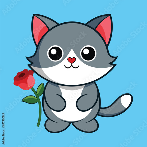Simple vector illustration of a cute kitten holding a red rose in its mouth, adorable animal character for romantic greetings, Valentine's Day, or Mother's Day.