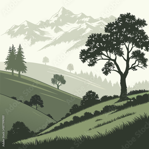 Green hillside with trees and mountains in background