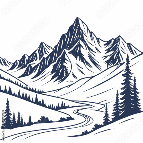 Frozen mountain ridges with winding road and pine trees