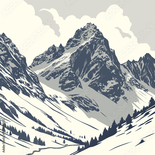 Snowy mountain peaks with subtle realism and trees