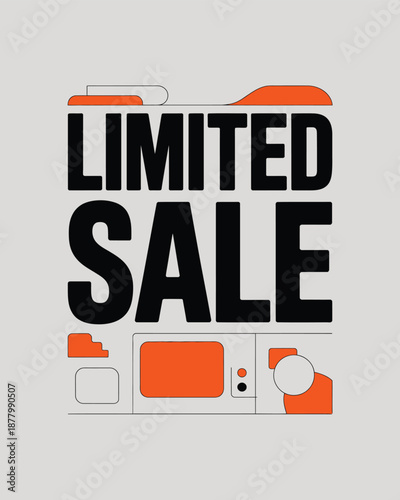 Bold black text limited sale sign with orange abstract shapes