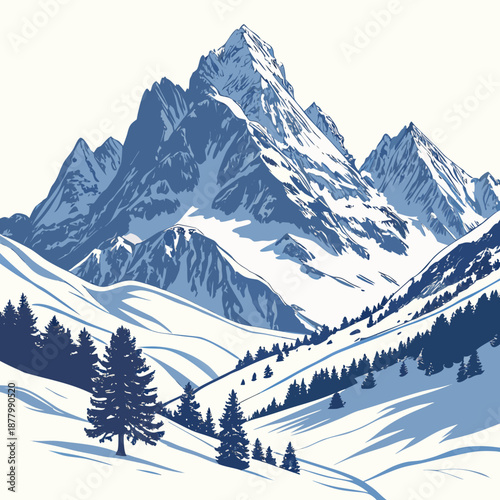 Snow covered alpine mountains with pine trees on rolling hills