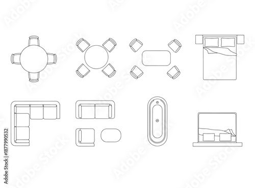 CAD Furniture Blocks Vector – Top View Floor Plan and Interior Layout Icons