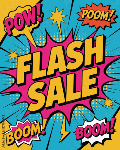 Comic style flash sale sign with colorful sound effects and stars