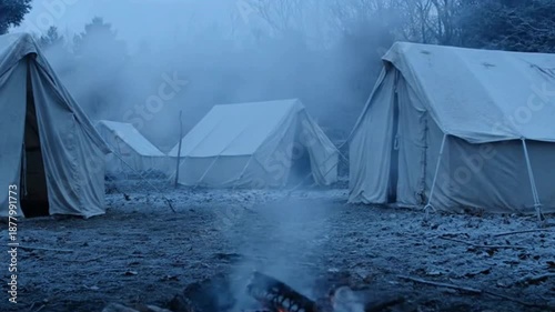 Revolutionary War winter camp tents morning mist silent