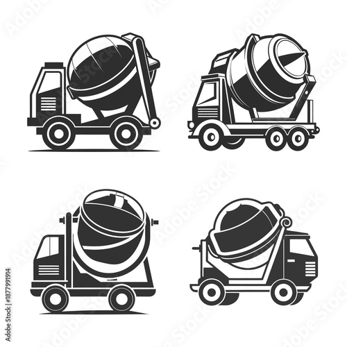 Set Of Four Concrete Mixer Trucks Illustration For Construction And Industrial Use