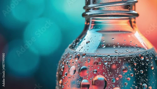 Close up of tonic water bottle condensation with vibrant background. 